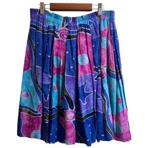 Vintage 90’s Abstract Pink Purple Blue Print Rayon Elastic Waist Midi Skirt Sz L